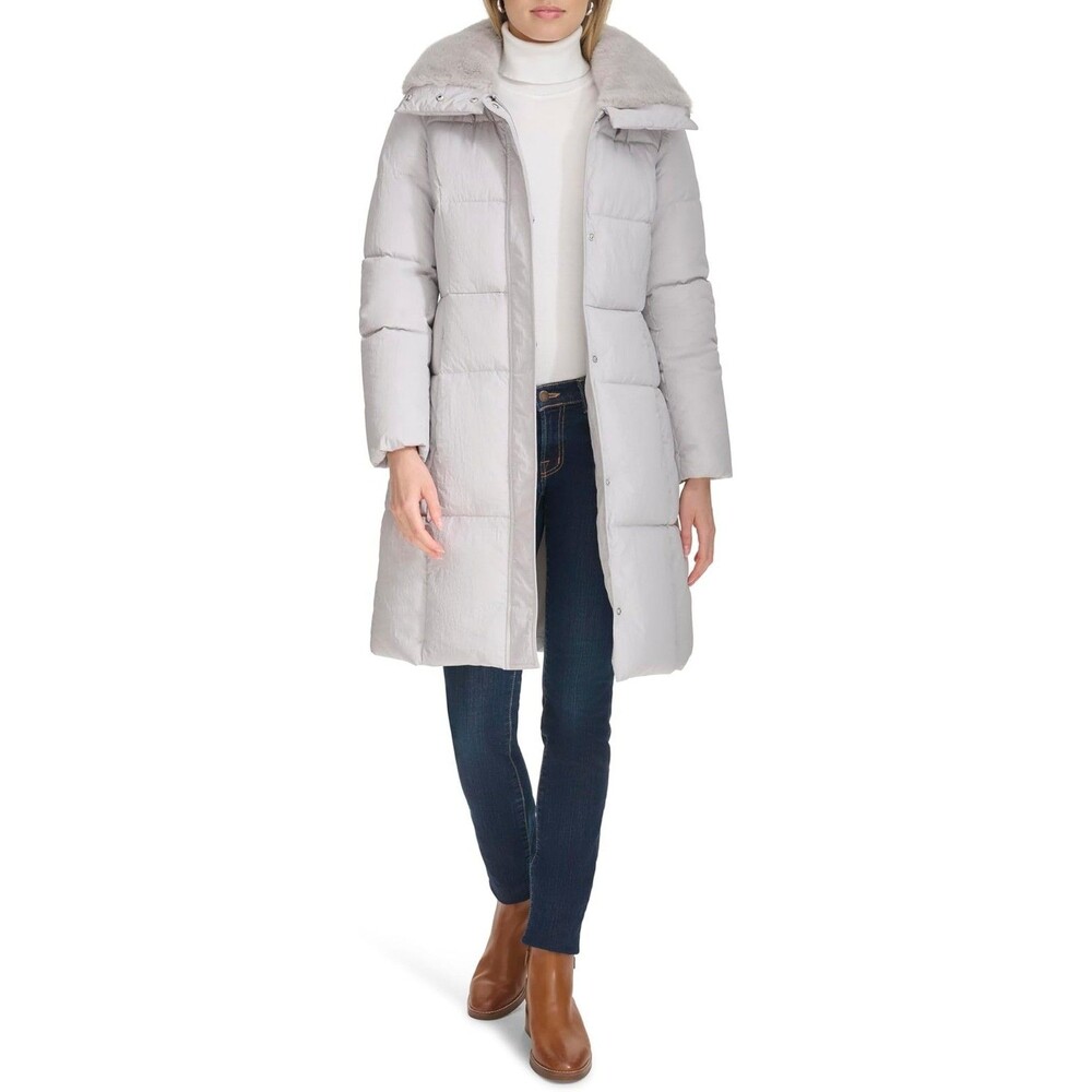 Cole Haan womens Shimmer Nylon Faux Rabbit Lined Collar Quilted Jacket